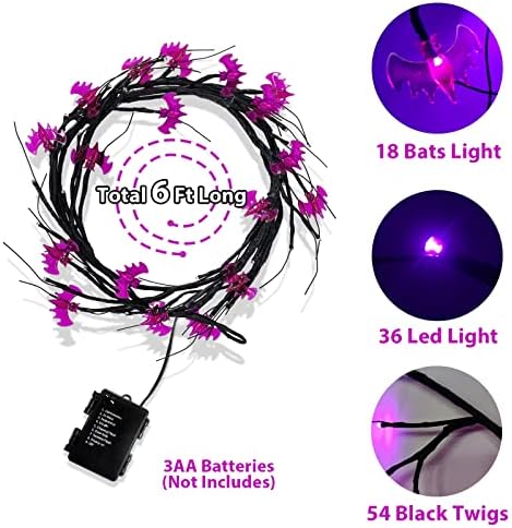 Turnmeon 6 pés 54 LED Halloween Willow Vine Twig com timer 18 morcegos LED e 36 luzes roxas de Halloween 8 modos à prova
