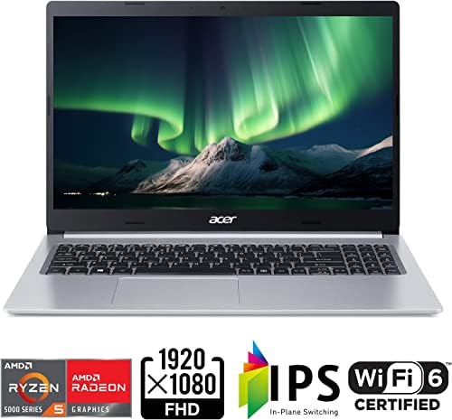Acer 15.6 Aspire 5 laptop fino com teclado com retroiluminação, processador de núcleo hexa-core AMD Ryzen 5 5500U, Full HD IPS Display,