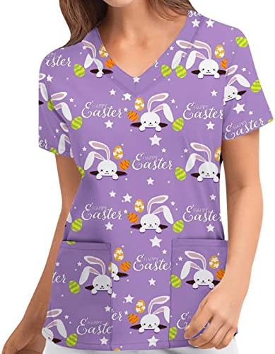 Moda feminina Páscoa Scrub_tops Manga curta V T-shirt Tops camisetas coloridas Conelas estampadas com bolsos