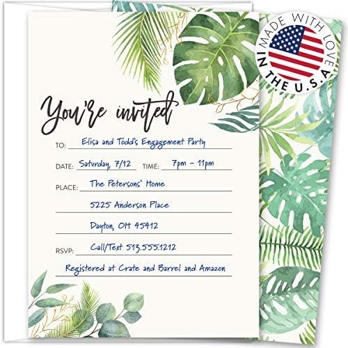 Koko Paper Co Convites de folhas de palmeira tropical | 25 convites e envelopes | Impresso em cartões pesados.