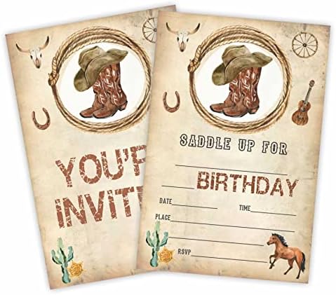 Cow Boy Birthday Party Invitation, Rodeo Vintage Cards de convite （20 contagem) com envelopes, sela preenche os cartões de convite de estilo para meninos, meninas, crianças, material de festa de aniversário-A18