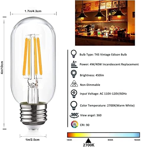 MMBGJKG Dimmable T45 LED BULBA EDISON, 2700K BRANCO ALIMENTO, LUZES DE FILAMENTO DE LED ANTICO ANTIGO DE 5W, Base E26 equivalente a 60 watts, pacote de 4