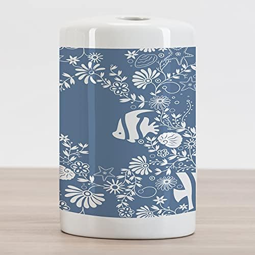 Ambesonne Sea Cells Por escova de dentes cerâmica, arranjo floral com peixes abstratos marinhos e elementos naturais ilustração, bancada versátil decorativa para banheiro, 4,5 x 2,7, branco azul