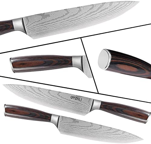 Qyzhli chef faca - 8 polegadas faca damasco profissional faca de cozinha de cozinha 5cr15mov aço inoxidável, comitores de faca