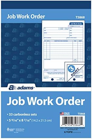 Livro de pedidos de trabalho de trabalho de Adams, 3 partes sem carbono, branco/canário/branco, 5-9/16 x 8-7/16 polegadas,