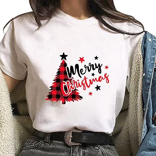 Blusa de Natal feminina Cartoon árvore e letra de letra Tees Tops Tops de mangas curtas T-shirts Pullover de Crewneck
