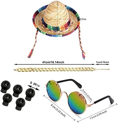 Chapéu de cachorro, mini chapéus mexicanos de Sombrero, óculos de sol retro de animais de estimação clássicos e cadeia