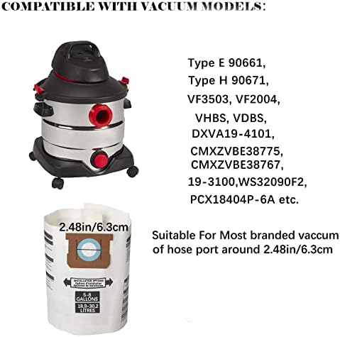 Sacos de filtro de substituição 5-8 galões para a loja VAC Vacuum Tipo E-9066100 90661 906-61, tipo H 90671 9067100 9067133; VF2004, VHBS VDBS HEPA Vacuum Cleaner, White, 2 pacote