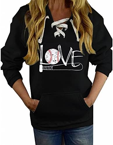 Etatng Womens Baseball Print Capuz Lace Up V Pocket Bolcking Pullover solto Esportes de moletons esportivos