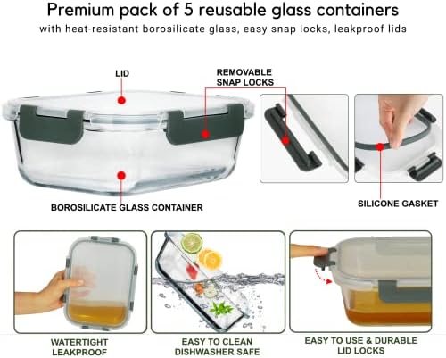 Brieftons Refeições de refeições de vidro Recipientes: 5 pacote, 35 oz com tampas herméticas de travamento com vazamentos à prova