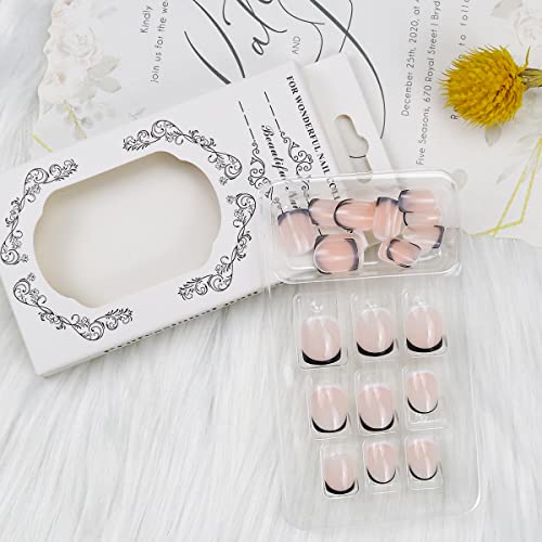 24pcs dica francesa Pressione unhas quadradas curtas unhas falsas unhas falsas com desenhos brancos pretos capa completa