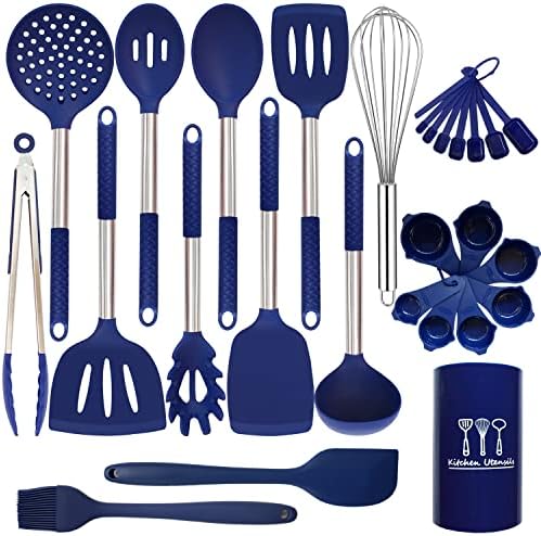 Conjunto de utensílios de cozinha de silicone - 28 peças de utensílios de cozinha definem silício de resistência ao calor antiaderente com alça de aço inoxidável - azul royal