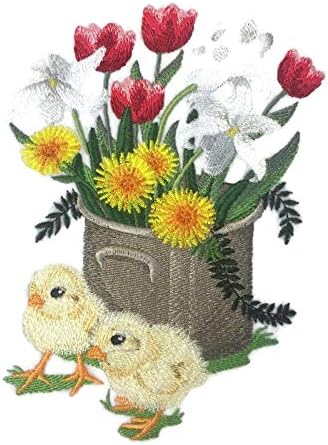 BeyondVision Custom e exclusivo Blooms de mola flor com vaso [Spring Stitches Chicks] Ferro bordado On/Sew Patch [6.37 * 4.86]