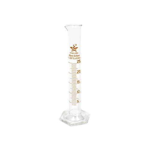 Star Labs 25ml Cilindro graduado, 25 ml de vidro de cilindro graduado, vidro de Borosilicato 3.3, escala métrica única,