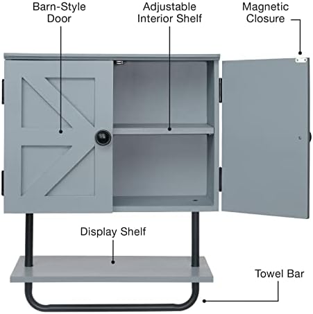 Excello Global Products 17x21 ”Barndoor Banheiro Armário de parede, armário de armazenamento de economia espacial armário de remédios de cozinha com prateleira ajustável e barra de toalha, cinza rústico