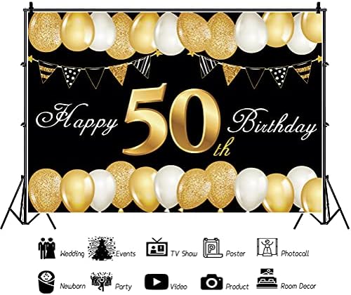 Oerju 12x10ft feliz 50º aniversário cenário para mulheres preto e dourado retrato de retrato foto glitter de ouro bandeira