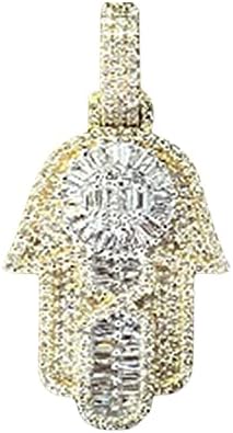 TGDJ 10K Amarelo Diamante de ouro Hamsa Pingente para homens e mulheres | Real Solid Gold Round Cut Branco Diamante Evil Protection