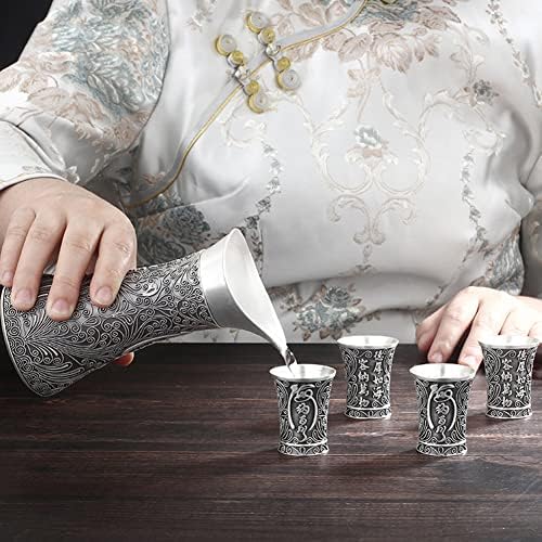 999 STERLING Silver Sake Flagon Conjunto, conjunto de xícaras de toteem de caracteres chineses esculpidos à mão, presente de contêiner de vinhos de luxo vintage, 1jug 6cup