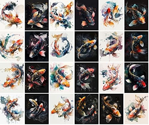 Adesivos grandes 24 pcs peixes japão japão aquarela vintage cartões postais ilustrações