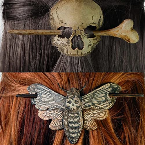 Pasnowfu 2pcs Skull e Death Moth Hah Hair Pin, Halloween Herror Skeleton Clel Sticks Vintage decoração de gancho de cabelo, garfo de cabelo Longo Cosplay de Acessórios para Meninas para meninas