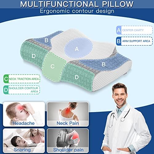 Almofado de espuma de memória cervical Elviros, travesseiros de contorno para pescoço, travesseiro de cama ergonômica ajustável para o lado, costas e dormentes de estômago