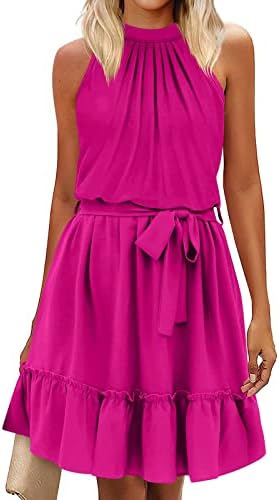 Vestido de verão géneric para mulheres 2023 Moda Lady Lady Solid Belted Confortabled Round Neck Dress #