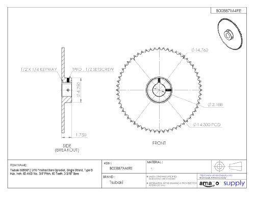 Tsubaki 60b25f-1b terminou as rodas dentadas, fios únicos, polegadas, #60 Ansi No., pitch de 3/4 , 25 dentes, 1-1/8 Bore