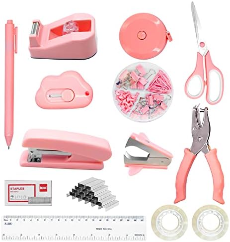 Yajcajo Pink Office Supplies, Acessórios de mesa rosa 14pcs incluem Stapleler Remover, inclui grampos de mesa, Remover
