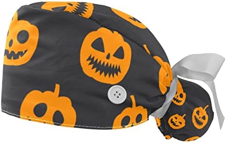Halloween Pumpkin Scrub Hats for Women Long Hair, Bande de trabalho com Button & SweatBand, Chapéus de amarração unissex 2 pacotes