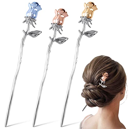 Hinzic Flower Hair Sticks, pauzinhos de cabelo de metal de 3pcs para cabelos longos para cabelos chineses para o bolo de bancos de bancos acessórios para cabelos de casamento para garotas de noiva meninas