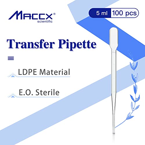 MacCx 100pcs estéril Pipettes de transferência estéril, vol. 5ml, 2ml graduado, 155 mm de comprimento, pipetas de óleos essenciais,