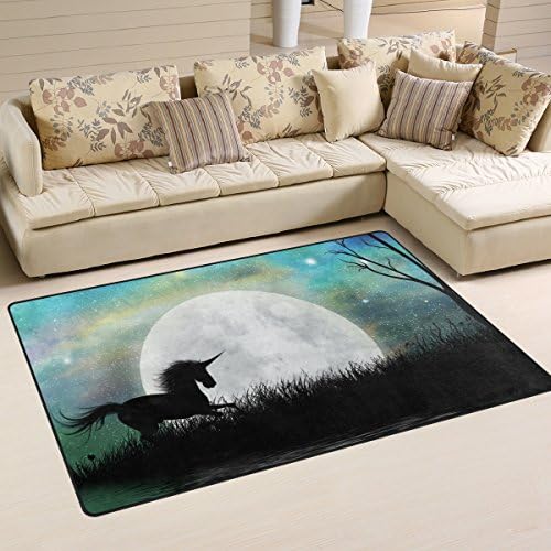 Tapete da área de Welllee, Moon Night Lake Unicorn Silhouette Floor Tapete Não deslizamento para o quarto de jantar Decoração de quarto de quarto 31x20 polegadas