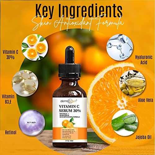 Dermaxgen 30% de soro de vitamina C para face, ácido hialurônico, anti -ruga natural e orgânico, colágeno da pele,