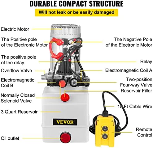 Bomba hidráulica de unidade de potência do VEVOR 3 quart para despejo de trailer levantando 12V DC Oil Reservoir, branco