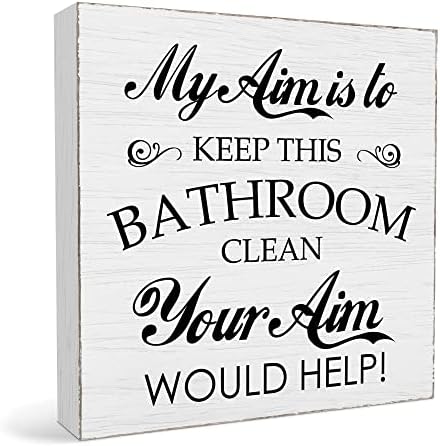 5 x 5 Meu objetivo é manter este banheiro limpo de placas de placa de madeira branca limpa Sinais de caixa de placa, encaixe na caixa de madeira da banheiro, decoração de mesa de cavalete da sala de estar em casa -