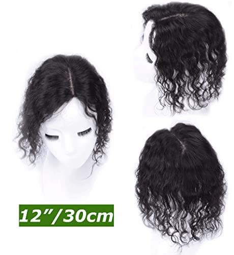 Maery 16 Total de cabelo humano ondulado de 16 para mulheres com cabelos afinados, 9x15 cm Base mono de cabelo cacheado topper