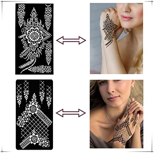 Qstohena henna kit de estêncil temporário 12 folhas, adesivos de tatuagem manual de auto -adesivo