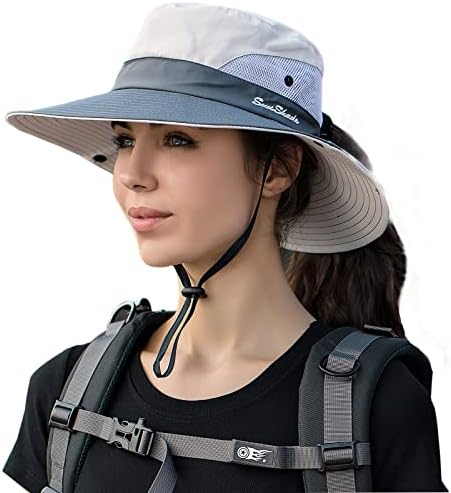 Chapéu de Ponytail Safari feminino Sun Mesh Mesh largura Proteção UV Chapéu de balde ao ar livre Chapéu de pesca de verão