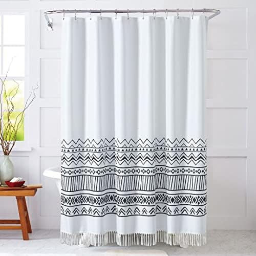 Cortinas de chuveiro preto branco YOSTEV Conjunto para banheiro, cortina de chuveiro com borla de fazenda, cortinas de chuveiro boho