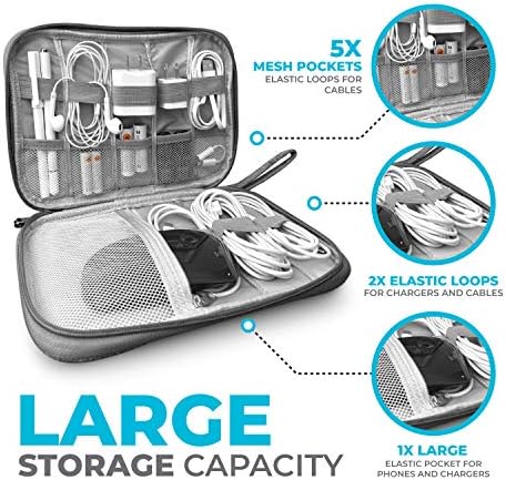 Bolsa de organizador de cabo de cabo da Toolbay - armazenamento de cordão de carregamento pequeno, carregador, cabos, pequenos eletrônicos, cartão SD, armazenamento de cordões e bolsa de acessórios, cinza, para viagens, negócios, trabalho e escola