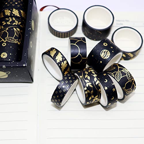 Fita washi da HOXBUR 10ROLLS, fita de mascaramento decorativo de impressão de papel dourado preto para diários de scrapbook