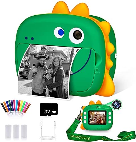 Câmera de câmera WQ Kids Impressão instantânea, câmera de impressão digital de dinossauro de 1080p para crianças com lente