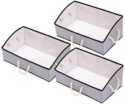 Conjunto de 3 caixas de lona listradas organizadoras de armários com alça de corda, cestas de armazenamento dobráveis ​​para prateleiras