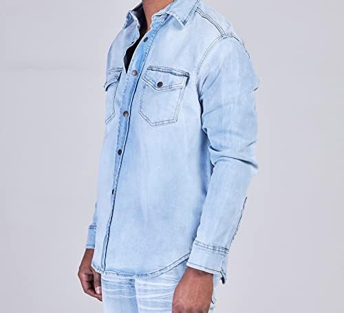 Evolution Men Denim camisa botão de manga longa de algodão de ajuste regular lavado S para 4xl