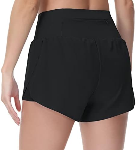 Chaução alta feminina Shorts de ginástica rápida de ginástica seca shorts de fenda com liners de malha zíper bolsos