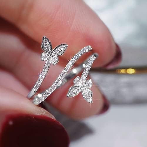 Anel de borboleta dupla prata zircão de diamante noivado de casamento jóias de presente para mulheres forma de borboleta
