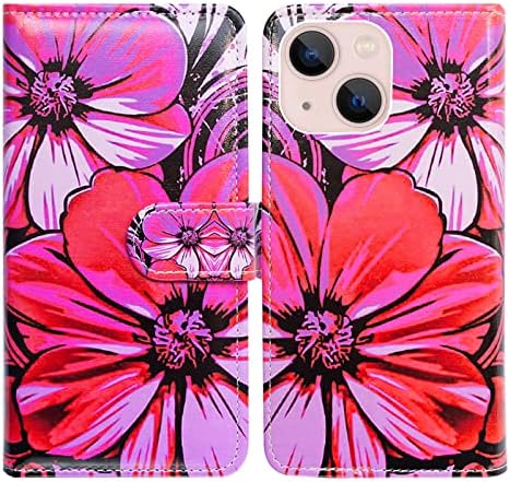 BCOV iPhone 14 Case, Flors de couro rosa quente Caixa de couro capa Tampa da carteira com suporte de slot para o iPhone 14