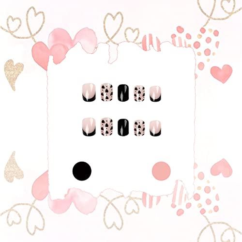 Votacos Dia dos Namorados Pressione em unhas Quadrado curto unhas falsas com formas de coração preto e bolinhas designs cola de