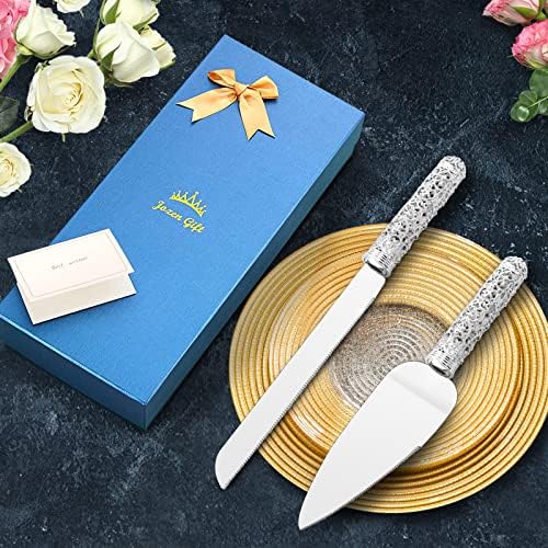 Jozen Gift Silver Wedding Cake Knife and Server Set & Toasting Champagne Glass