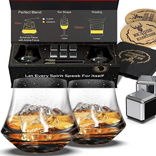 Spirit Lux Aroma Aprimorando os óculos de bourbon Conjunto de presentes para homens - 6 Pedras de uísque Conjunto